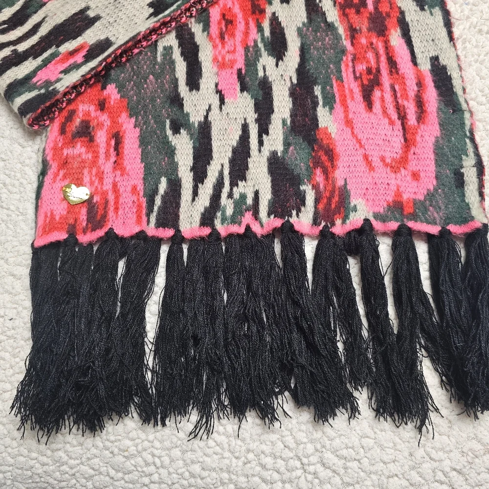 Betsey Johnson Sweater Knit Scarf Pink Rose Floral Black Fringe 72